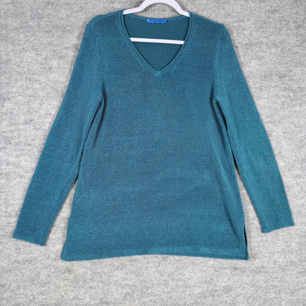 J.McLaughlin Size-L Womens Sweater Teal Blue V-Neck Cotton Blend Knit